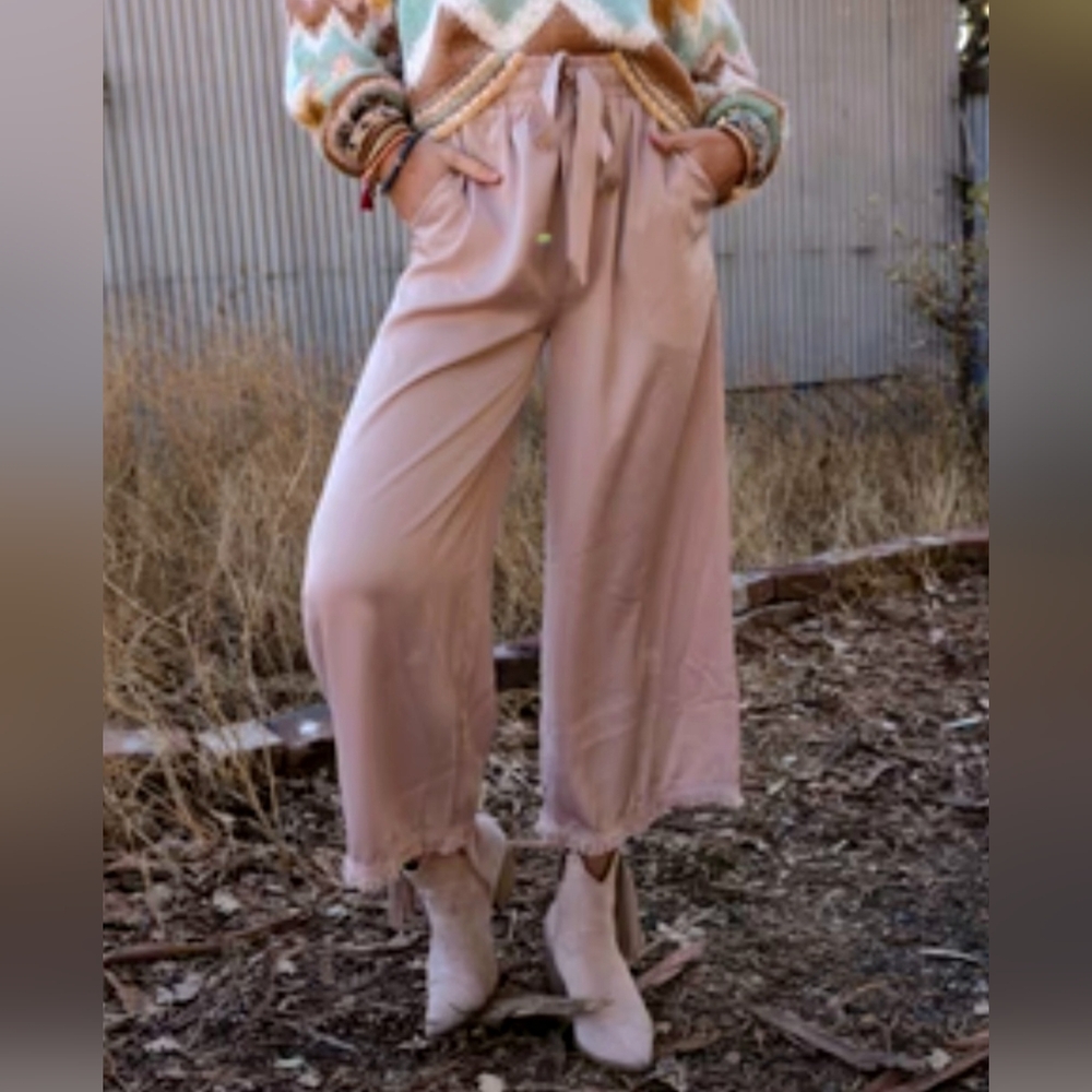 Three Bird Nest Elegant Blush Pink Satin Ankle Pants With Fringe Hem